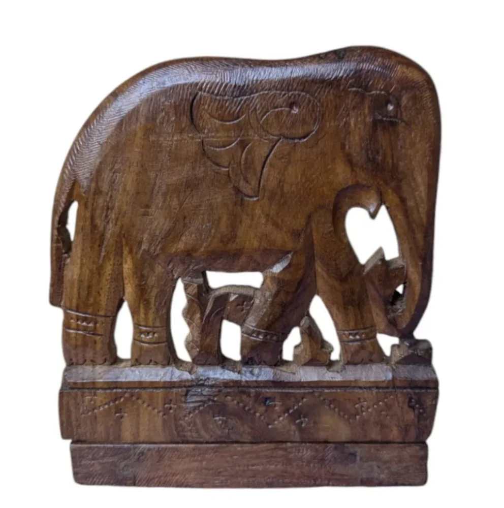 Vtg Ornate Handcarved Elephant Wood Slide Expandable Bookrack Ends Shelf India - Picture 7 of 16